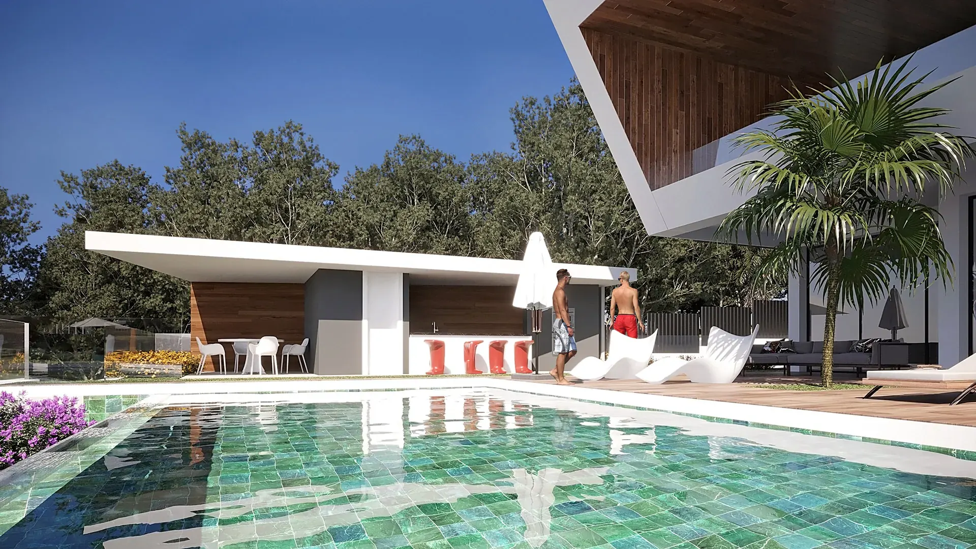 Piscina de azulejo verde con zona de barbacoa y tumbonas
